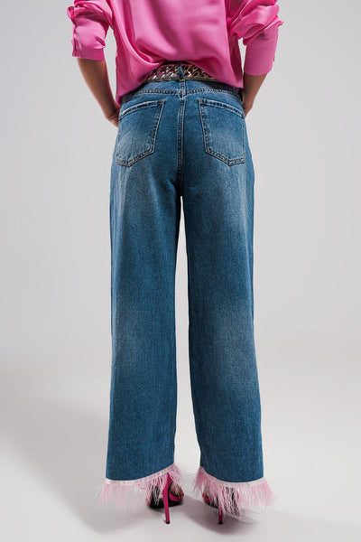 Straight Leg Jeans With PINK Faux Feather Hem