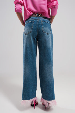 Straight Leg Jeans With PINK Faux Feather Hem