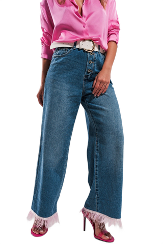 Straight Leg Jeans With PINK Faux Feather Hem