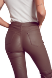 Stretch Faux Leather Flare Pants in Beige