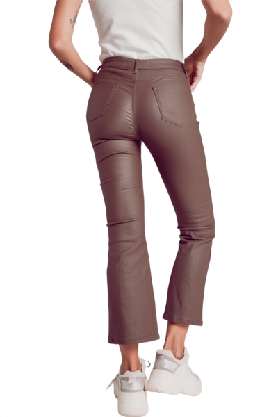 Stretch Faux Leather Flare Pants in Beige