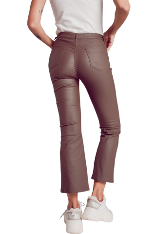 Stretch Faux Leather Flare Pants in Beige