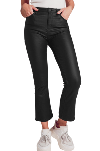 Stretch Faux Leather Flare Pants in Black