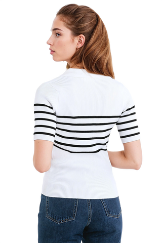 Striped Polo With Button Detail in White