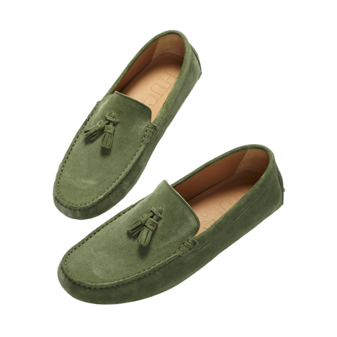 Tasselled Driving Loafers, Safari Green Suede