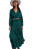 Tiered Maxi Wrap Dress With Long Sleeve in Green