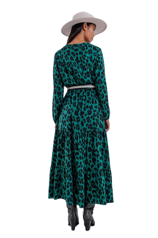 Tiered Maxi Wrap Dress With Long Sleeve in Green