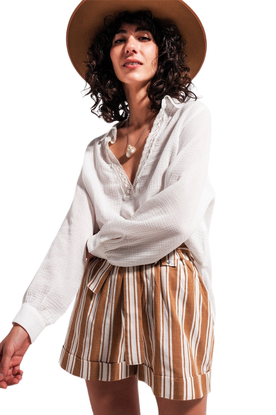 V Neck Blouse With Lace Cream