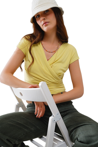 V-Neck Crossed Drapped Fitted Top With Cap Sleeves in Light Lime