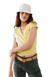 V-Neck Crossed Drapped Fitted Top With Cap Sleeves in Light Lime