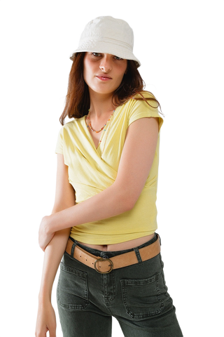 V-Neck Crossed Drapped Fitted Top With Cap Sleeves in Light Lime