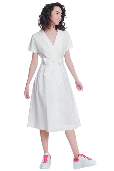 White Poplin Shirt Dress With Belt and Short Sleeve