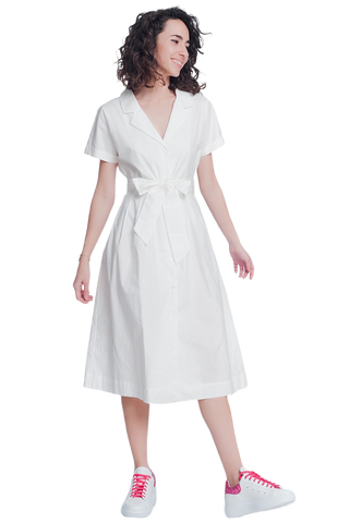 White Poplin Shirt Dress With Belt and Short Sleeve