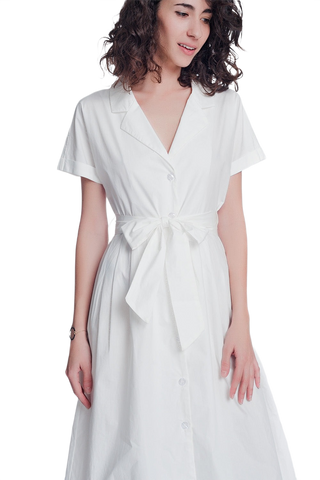 White Poplin Shirt Dress With Belt and Short Sleeve