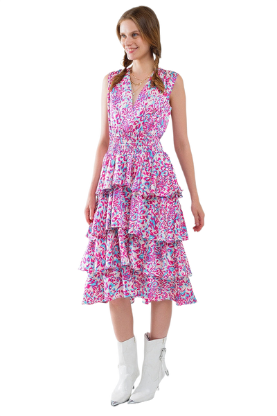 Wrap Front Midid Dress With Tiered Skirt in Multicolor Animal Print