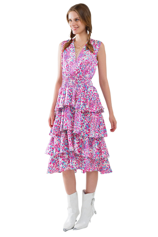 Wrap Front Midid Dress With Tiered Skirt in Multicolor Animal Print