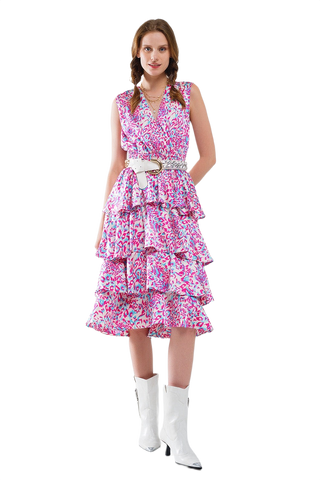 Wrap Front Midid Dress With Tiered Skirt in Multicolor Animal Print