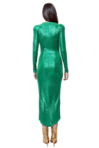 Wrapped Party Dress With Plunge Neckline in Metallic Green