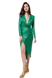 Wrapped Party Dress With Plunge Neckline in Metallic Green