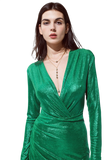 Wrapped Party Dress With Plunge Neckline in Metallic Green