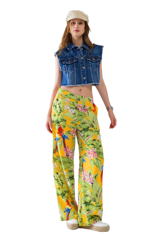 Yellow Pants With Tropical Print With Zip Side