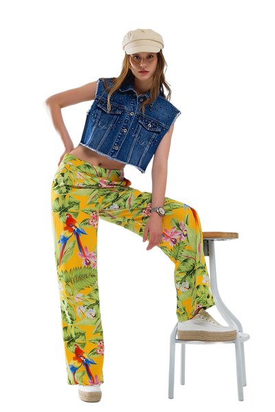 Yellow Pants With Tropical Print With Zip Side