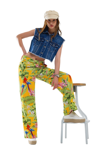 Yellow Pants With Tropical Print With Zip Side